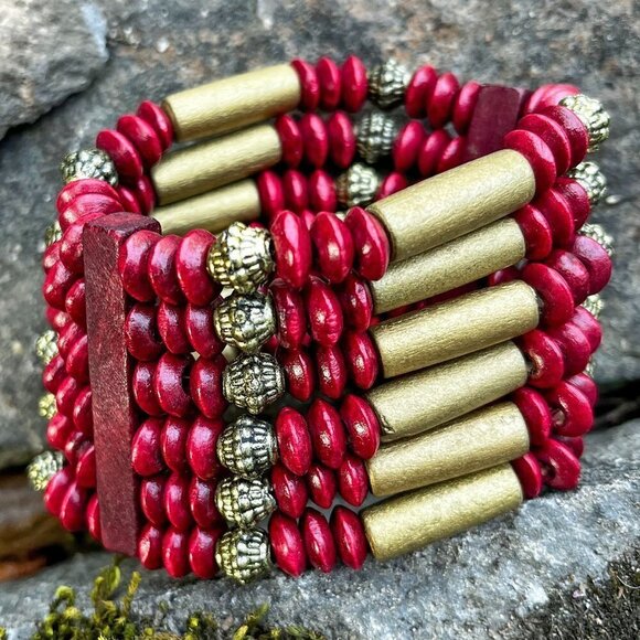 Wood Bead Stack Stretch Bracelet - Picture 3 of 4